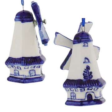 Delft Blue Windmill Ornaments, 3 Assorted