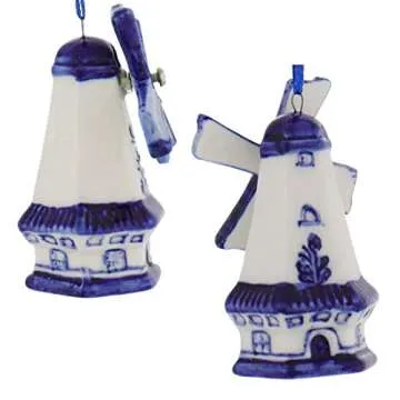 Delft Blue Windmill Ornaments, 3 Assorted