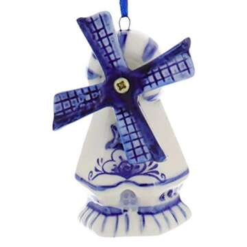 Delft Blue Windmill Ornaments, 3 Assorted