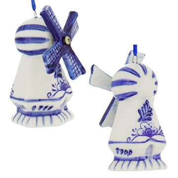 Delft Blue Windmill Ornaments, 3 Assorted