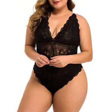XAKALAKA Women Plus Size Lace Bodysuit Teddy Lingerie One Piece Babydoll Clubwear Black XXL