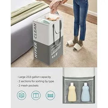SONGMICS Laundry Baskets, Laundry Hamper with 2 Compartments, 23.8 Gallon (90L) Set of 2 Collapsible Water-Repellent Clothes Hampers, Tall Laundry Bag for Bedroom Bathroom, Dark Gray ULCB209G22