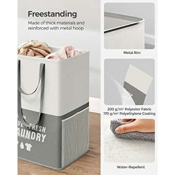 SONGMICS Laundry Baskets, Laundry Hamper with 2 Compartments, 23.8 Gallon (90L) Set of 2 Collapsible Water-Repellent Clothes Hampers, Tall Laundry Bag for Bedroom Bathroom, Dark Gray ULCB209G22