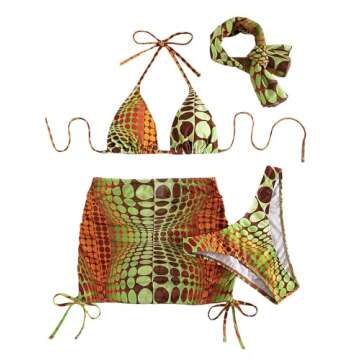 COZYEASE Women's 4 Piece Swimsuits Sexy Bikini Sets Triangle Bathing Suit with Mesh Cover Up Beach Skirt & Bandana Multicolor L