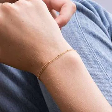 Aobei Pearl 18k Gold Beaded Chain Bracelet Satellite Chain Link Bracelet Minimalist Layering Jewelry for Women 7''