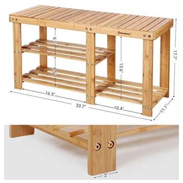 SONGMICS Bamboo Shoe Bench, Shoe Rack for Boots, Entryway Storage Organizer, 3-Tier Shoe Shelf, for Hallway, Bathroom, Living Room, Corridor, Natural ULBS06N