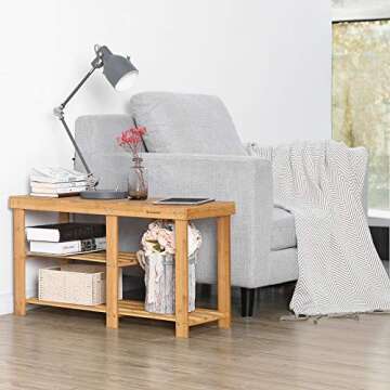 SONGMICS Bamboo Shoe Bench, Shoe Rack for Boots, Entryway Storage Organizer, 3-Tier Shoe Shelf, for Hallway, Bathroom, Living Room, Corridor, Natural ULBS06N