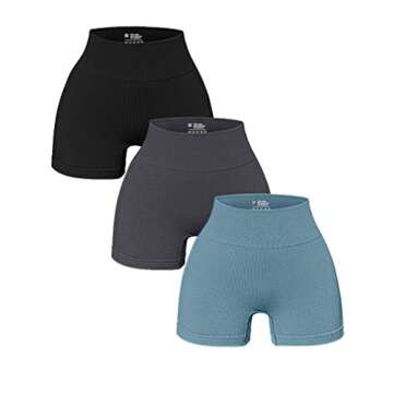 OQQ Women's 3 Piece Yoga Shorts Ribbed Seamless Workout High Waist Athletic Leggings Black Grey Blue