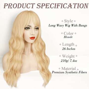 BARSDAR Long Blonde Wig With Bangs - 26 Inch Long Wavy Wig with Bangs for Women - Synthetic Blonde H...