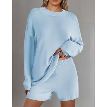 Ekouaer Pajamas Womens 2 Piece Lounge Set Cozy Knit Long Sleeve Sweater Shorts Set Oversized Matching Outfits Light Blue,Large