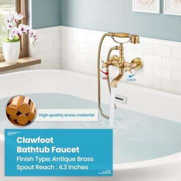 gotonovo Wall Mount Clawfoot Bathtub Faucet with HandHeld Spray and 360° Double Cross Handle Swivel Spout Vintage Tub Shower Faucet Set with Adapter Adjustable Swing Arms Antique Brass
