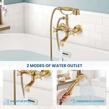 gotonovo Wall Mount Clawfoot Bathtub Faucet with HandHeld Spray and 360° Double Cross Handle Swivel Spout Vintage Tub Shower Faucet Set with Adapter Adjustable Swing Arms Antique Brass
