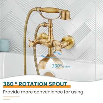 gotonovo Wall Mount Clawfoot Bathtub Faucet with HandHeld Spray and 360° Double Cross Handle Swivel Spout Vintage Tub Shower Faucet Set with Adapter Adjustable Swing Arms Antique Brass