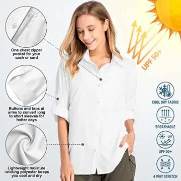 Toomett Womens long sleeve shirt fishing hiking UPF 50+ uv protection safari quick dry button down shirts,5019 White,Medium
