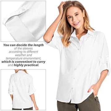 Toomett Womens long sleeve shirt fishing hiking UPF 50+ uv protection safari quick dry button down shirts,5019 White,Medium