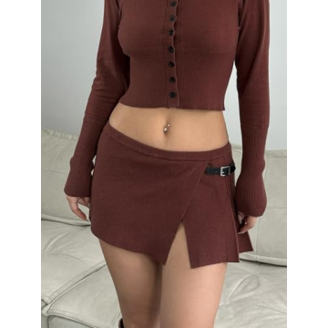 SHENHE Women's Low Rise Coffee Brown Mini Skirt
