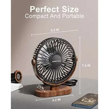 SWEETFULL 6.5 Inch USB Small Desk Fan, 3 Speeds Quiet Portable Desktop Table Fan, 360° Adjustment Personal Mini Fan for Home Office Car Outdoor Travel (Black wood grain)