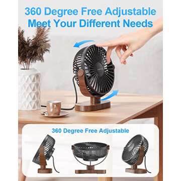 SWEETFULL 6.5 Inch USB Small Desk Fan, 3 Speeds Quiet Portable Desktop Table Fan, 360° Adjustment Personal Mini Fan for Home Office Car Outdoor Travel (Black wood grain)