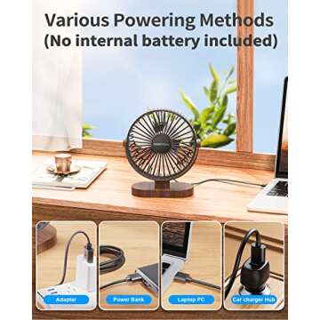 SWEETFULL 6.5 Inch USB Small Desk Fan, 3 Speeds Quiet Portable Desktop Table Fan, 360° Adjustment Personal Mini Fan for Home Office Car Outdoor Travel (Black wood grain)