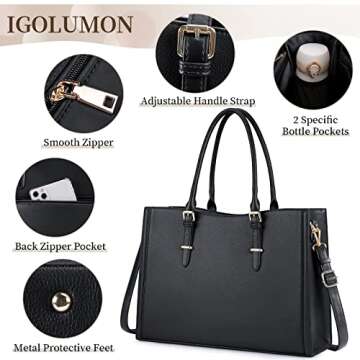 IGOLUMON Laptop Bag for Women 15.6 Inch Waterproof Laptop Tote Bag Leather Work Bag Computer Briefcase Office Professional Large Capacity Handbag Shoulder Bag Black