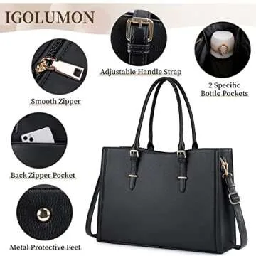 IGOLUMON Laptop Bag for Women 15.6 Inch Waterproof Laptop Tote Bag Leather Work Bag Computer Briefcase Office Professional Large Capacity Handbag Shoulder Bag Black