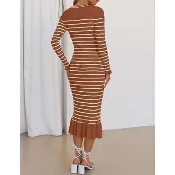 ZESICA Women's Elegant Striped Sweater Dress Large