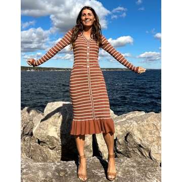 ZESICA Women's Elegant Striped Sweater Dress Large