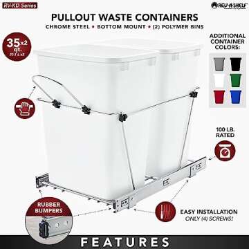 Rev-A-Shelf Double Pullout Trash Can for Kitchen Cabinets 35 Qt Garbage Recycling Bin on Full-Extens...