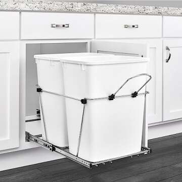 Rev-A-Shelf Double Pullout Trash Can for Kitchen Cabinets 35 Qt Garbage Recycling Bin on Full-Extension Slides, White, RV-18KD-11C S