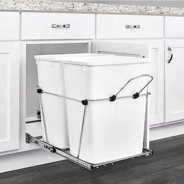 Rev-A-Shelf Double Pullout Trash Can for Kitchen Cabinets 35 Qt Garbage Recycling Bin on Full-Extension Slides, White, RV-18KD-11C S