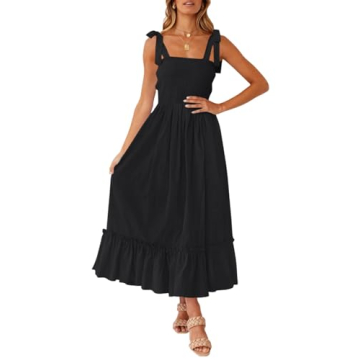 ZESICA Women's Boho Spaghetti Strap Maxi Dress in Black