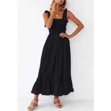 ZESICA Women's Boho Spaghetti Strap Maxi Dress in Black