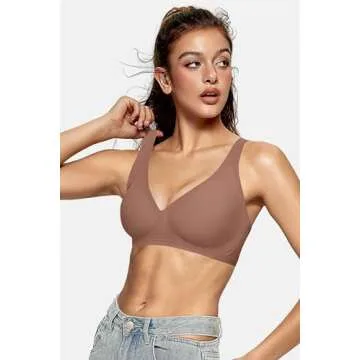 OEAK Womens Deep V Bras Comfortable Bras Support Push Up Bralettes Low Cut no Underwire Bras Plunge Seamless Tshirts Bras Coffee M