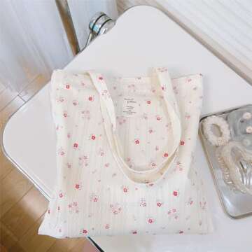 Kehpish Cotton Canvas Tote Bag Reusable Soft Grocery Cloth Bag Floral Shoulder Bag for Beach Travel ...