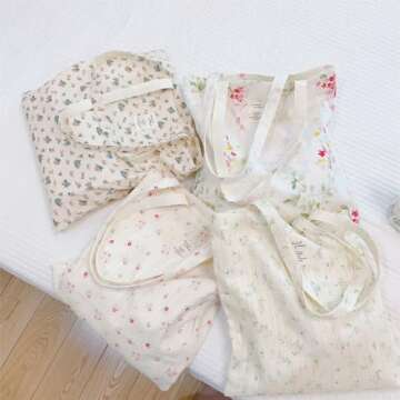 Kehpish Cotton Canvas Tote Bag Reusable Soft Grocery Cloth Bag Floral Shoulder Bag for Beach Travel Shopping