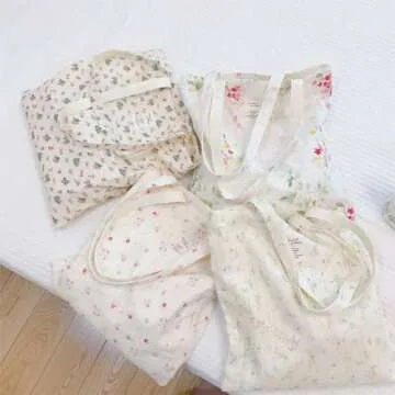 Kehpish Cotton Canvas Tote Bag Reusable Soft Grocery Cloth Bag Floral Shoulder Bag for Beach Travel Shopping