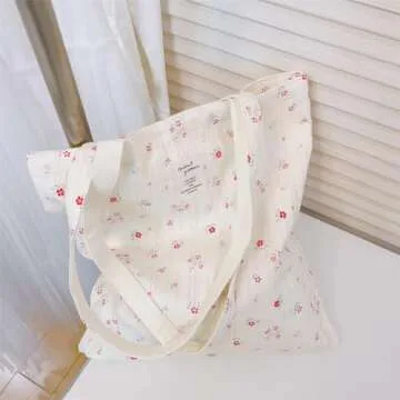 Kehpish Cotton Canvas Tote Bag Reusable Soft Grocery Cloth Bag Floral Shoulder Bag for Beach Travel Shopping