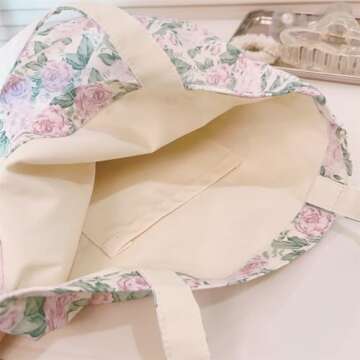Kehpish Cotton Canvas Tote Bag Reusable Soft Grocery Cloth Bag Floral Shoulder Bag for Beach Travel Shopping