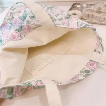Kehpish Cotton Canvas Tote Bag Reusable Soft Grocery Cloth Bag Floral Shoulder Bag for Beach Travel Shopping