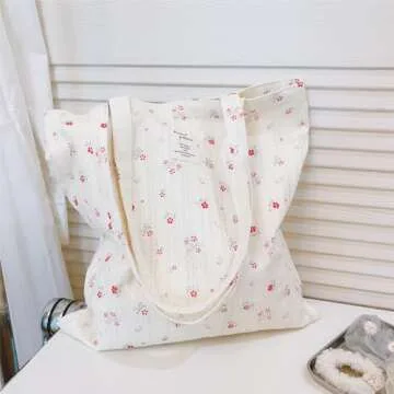 Kehpish Cotton Canvas Tote Bag Reusable Soft Grocery Cloth Bag Floral Shoulder Bag for Beach Travel Shopping