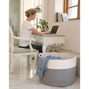 22" x 22" x 16" Mega Size Extra Large Storage Basket, Cotton Rope Storage Baskets, Woven Laundry Hamper, Cloth Storage Bin, for Clothes Towel Blanket Basket in Living Room, Large Basket Grey