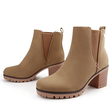 JABASIC Women Casual Suede Ankle Booties Block Heel Slip On Chelsea Boots (7,LT Brown)