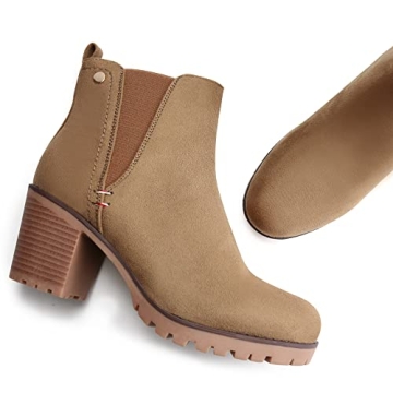 JABASIC Women Casual Suede Ankle Booties Block Heel Slip On Chelsea Boots (7,LT Brown)