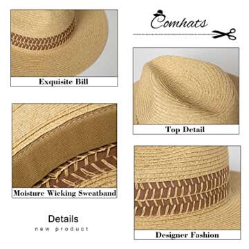 Comhats Women Straw Sun Fedora Hat Packable UV Protection
