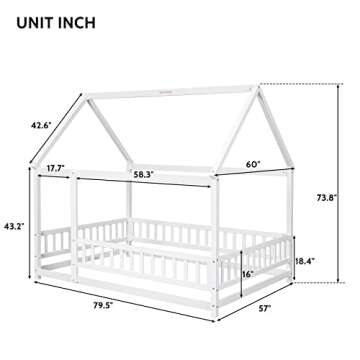 LLS Full Size Floor Bed Frame with Roof, Wooden Montessori Bed with Fence, House Bed for Boys Girls ...