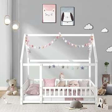 LLS Full Size Floor Bed Frame with Roof, Wooden Montessori Bed with Fence, House Bed for Boys Girls Bedroom, White
