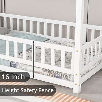 LLS Full Size Floor Bed Frame with Roof, Wooden Montessori Bed with Fence, House Bed for Boys Girls Bedroom, White