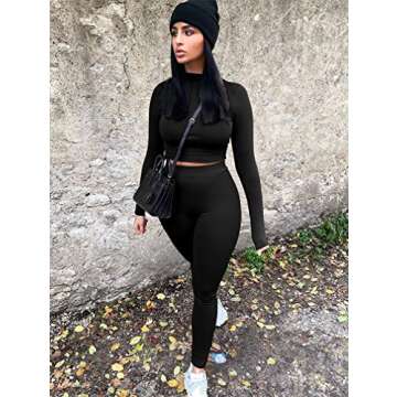 GOKATOSAU Women's Sexy 2 Piece Outfits Long Sleeve Crop Top Pants Set Club Jumpsuits Black
