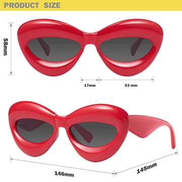 mosanana Inflated Bubble Y2K Cat Eye Sunglasses for Women Trendy Cool Cute Funky Fashion Retro Vintage Red Stylish 90s Aesthetic 2000s Ladies Chunky Sexy Lip Thick Frame Sun Glasses Shade Sunnies Mia