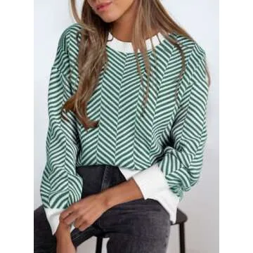 Dokotoo Sweaters for Women Trendy Crew Neck Striped Color Block Casual Loose Fall Outfits Knitted Tops Cute Wool Long Length Ladies Holiday Pullover Sweater Evergreen Medium